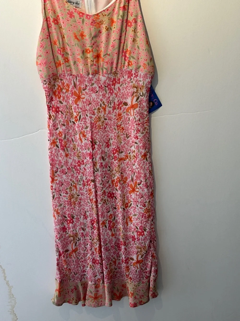 Malley & Co. Pink Floral Midi Dress with Orange Accents. Multi print NWT Size 14